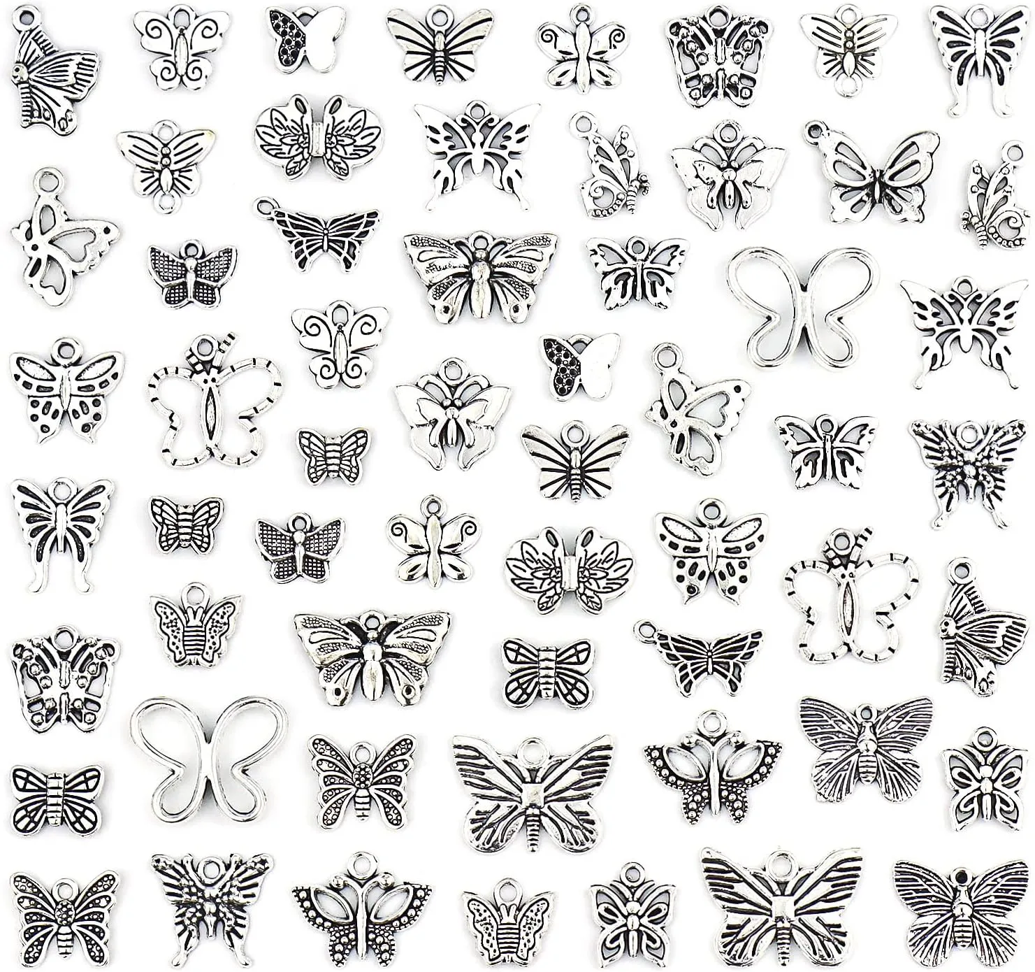 JIALEEY Butterfly Charms Beads Necklace Pendants DIY for Jewelry Making and Crafting, 60 PCS Tibetan Silver Plated Butterfly Charm