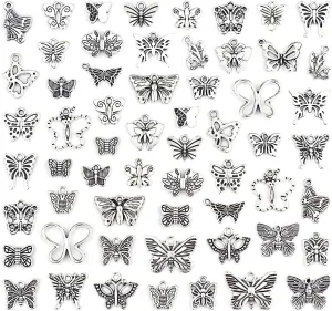 JIALEEY Butterfly Charms Beads Necklace Pendants DIY for Jewelry Making and Crafting, 60 PCS Tibetan Silver Plated Butterfly Charm