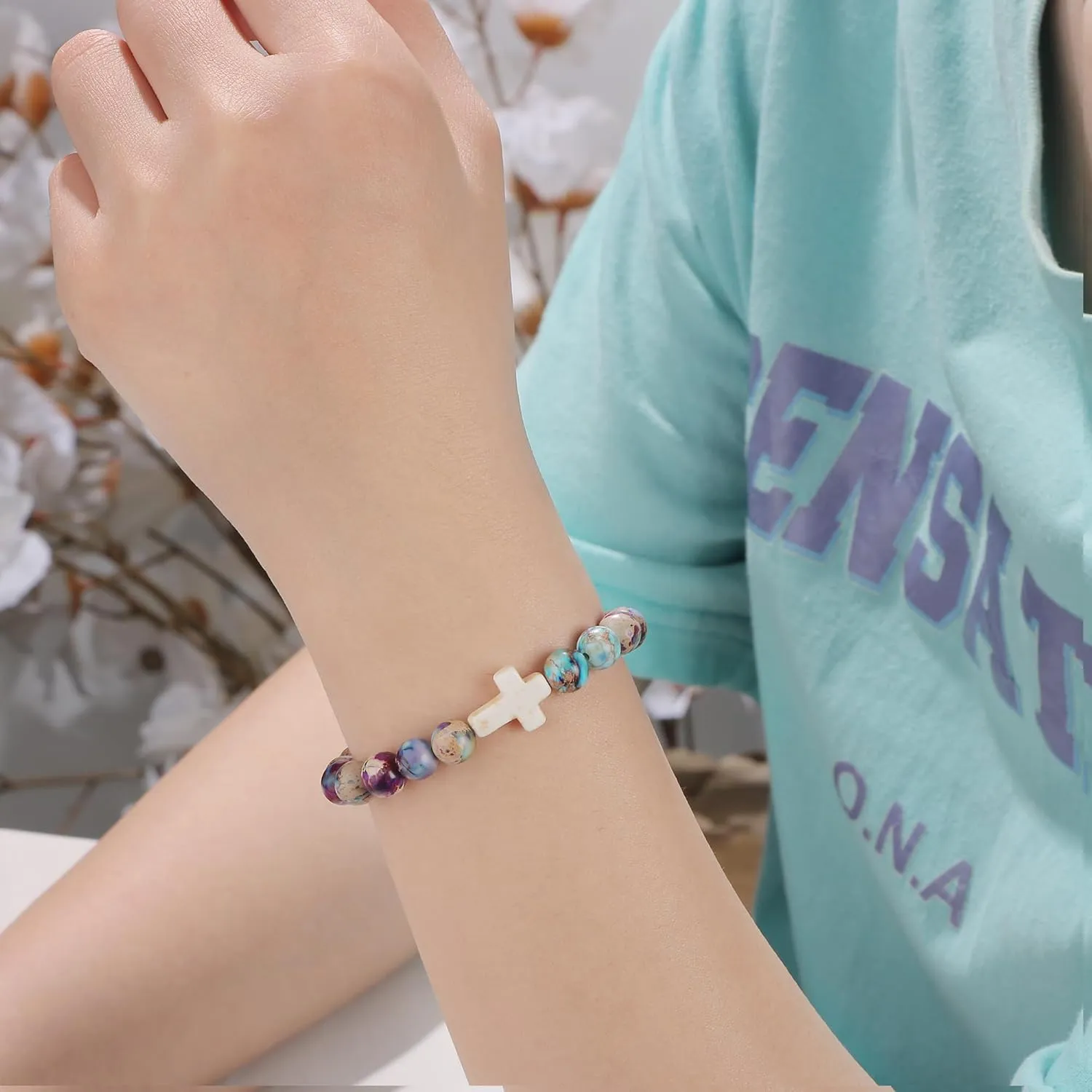 JoycuFF Christian Gifts Cross Bracelet for Women Faith Easter Catholic Religious Christian Jewelry, Meaningful Baptism Communion Natural Beads Bracelets
