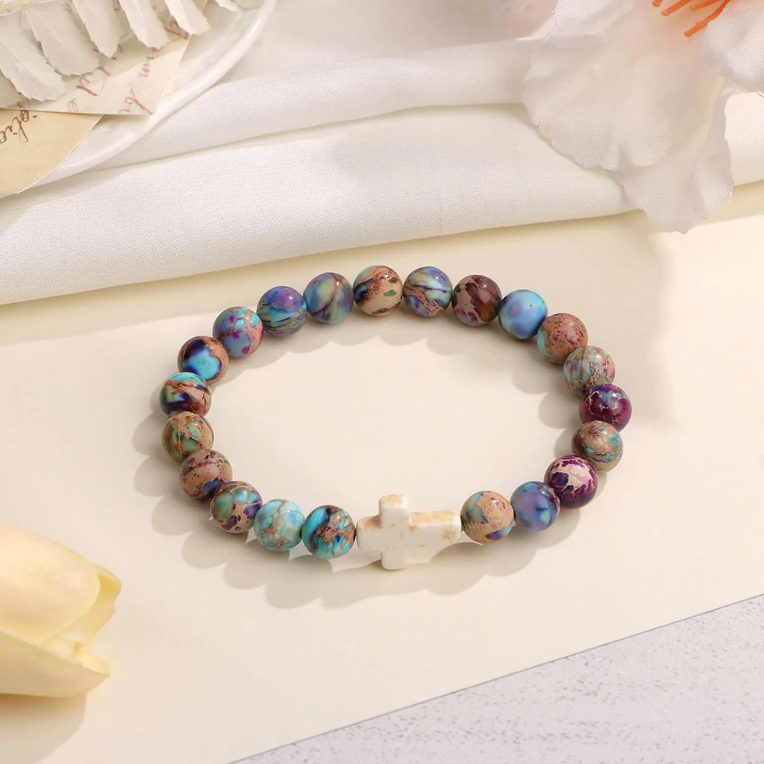 JoycuFF Christian Gifts Cross Bracelet for Women Faith Easter Catholic Religious Christian Jewelry, Meaningful Baptism Communion Natural Beads Bracelets