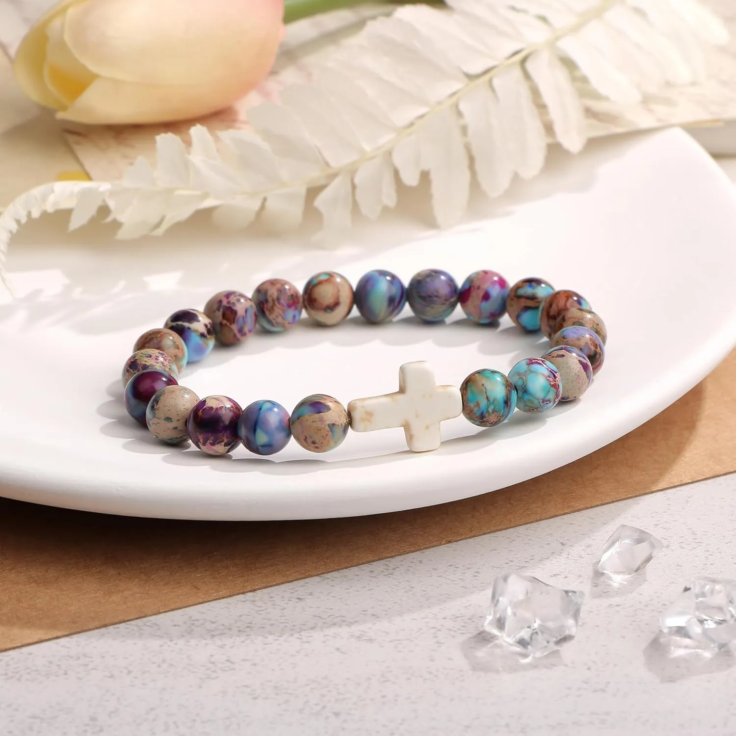 JoycuFF Christian Gifts Cross Bracelet for Women Faith Easter Catholic Religious Christian Jewelry, Meaningful Baptism Communion Natural Beads Bracelets