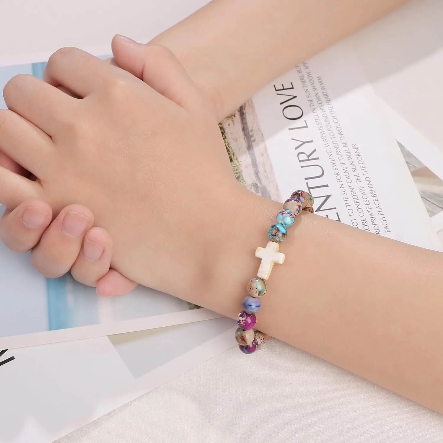 JoycuFF Christian Gifts Cross Bracelet for Women Faith Easter Catholic Religious Christian Jewelry, Meaningful Baptism Communion Natural Beads Bracelets