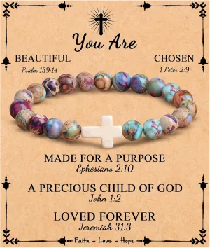 JoycuFF Christian Gifts Cross Bracelet for Women Faith Easter Catholic Religious Christian Jewelry, Meaningful Baptism Communion Natural Beads Bracelets