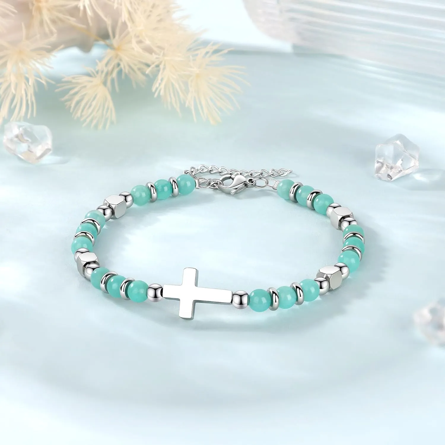 JoycuFF Christian Gifts for Women Cross Bracelet Faith Easter Catholic Religious Christian Jewelry, Meaningful Baptism Communion Natural Beads Bracelets