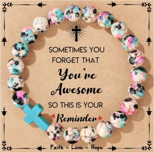 JoycuFF Christian Gifts for Women Cross Bracelet Faith Easter Catholic Religious Christian Jewelry, Meaningful Baptism Communion Natural Beads Bracelets