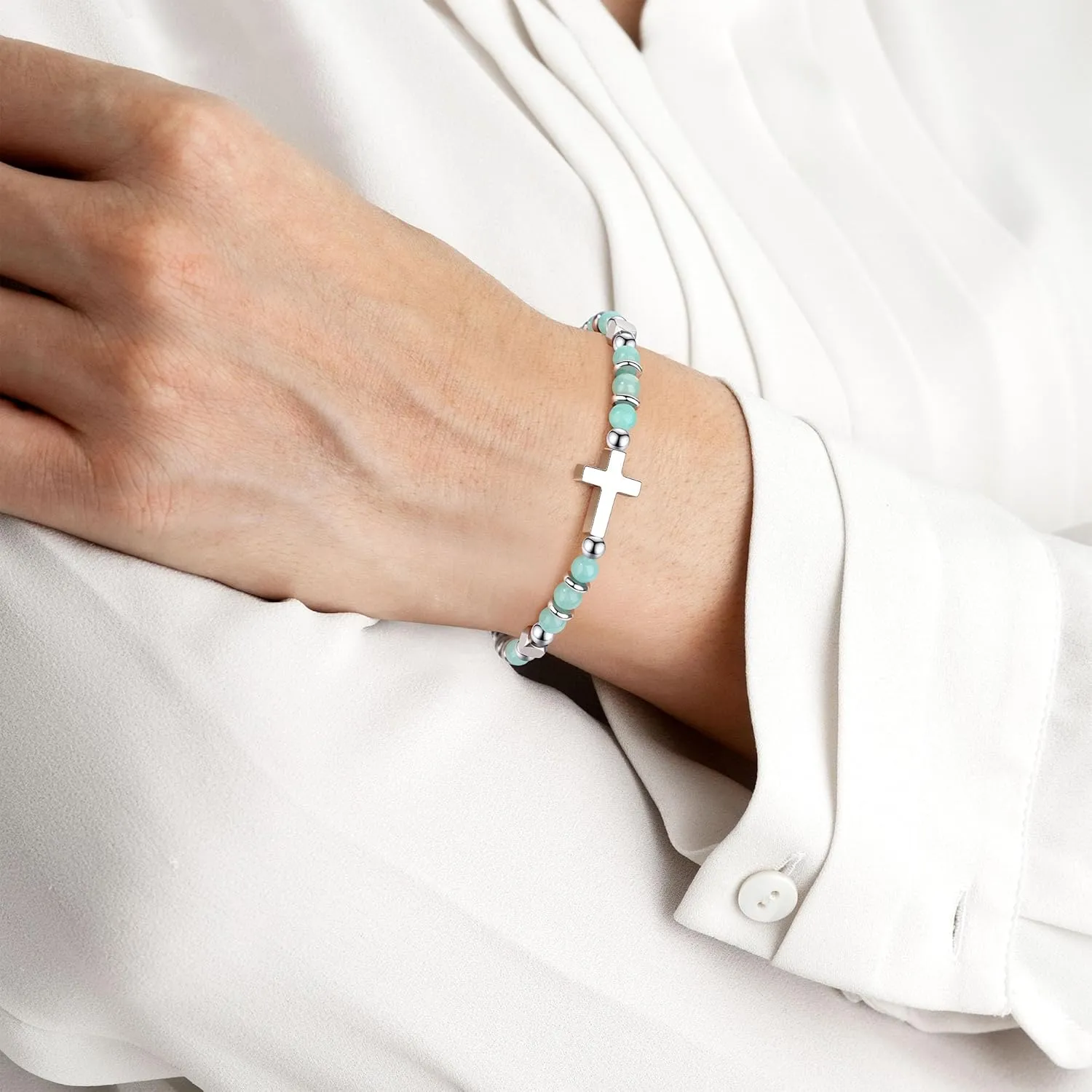 JoycuFF Christian Gifts for Women Cross Bracelet Faith Easter Catholic Religious Christian Jewelry, Meaningful Baptism Communion Natural Beads Bracelets