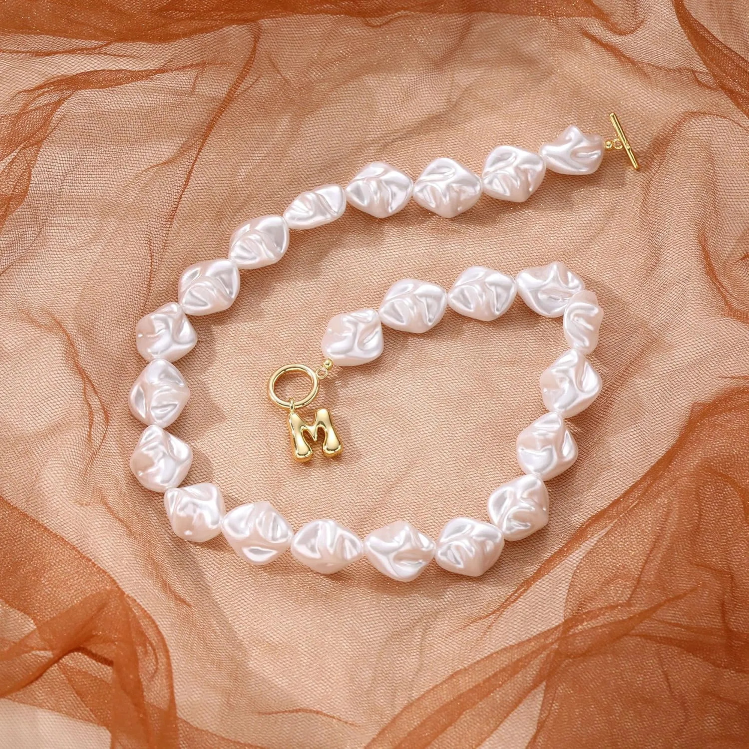 JSJOY Bubble Letter Necklace Baroque Pearl Necklace Birthday Gifts for Women Dainty Initial A-Z Necklace Christmas Stocking Suffers Jewelry