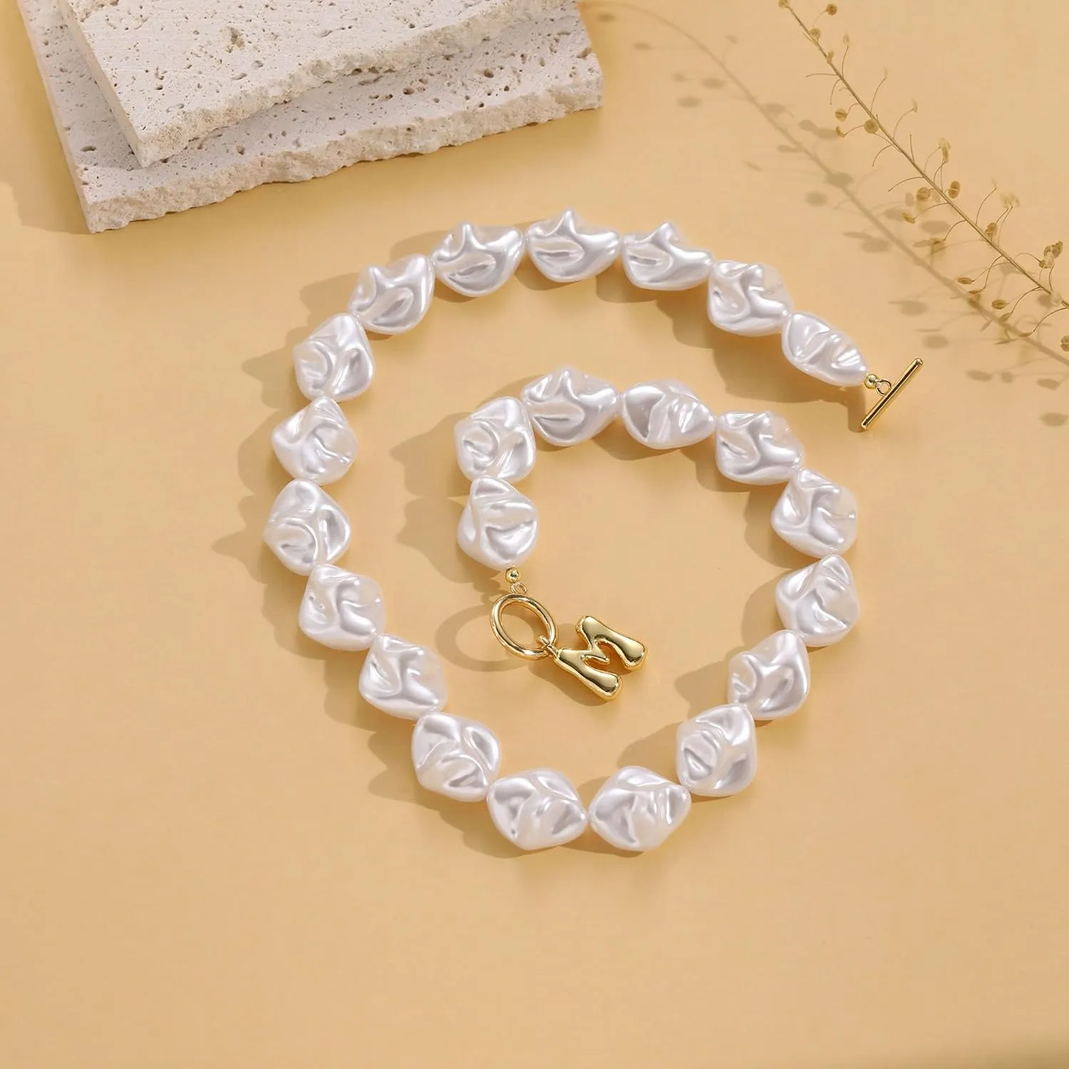 JSJOY Bubble Letter Necklace Baroque Pearl Necklace Birthday Gifts for Women Dainty Initial A-Z Necklace Christmas Stocking Suffers Jewelry