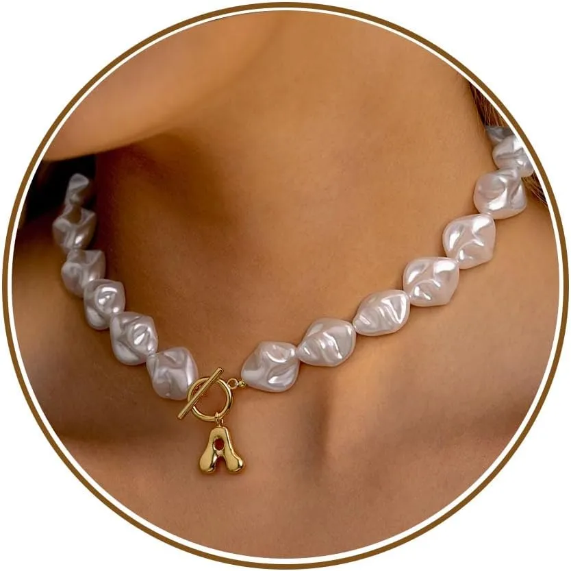 JSJOY Bubble Letter Necklace Baroque Pearl Necklace Birthday Gifts for Women Dainty Initial A-Z Necklace Christmas Stocking Suffers Jewelry