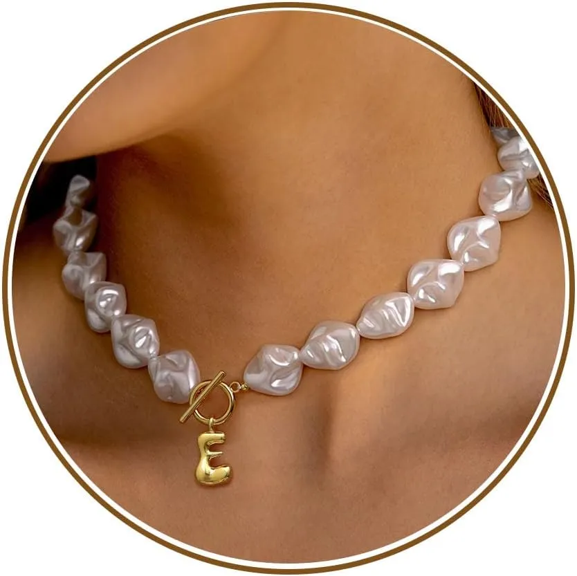 JSJOY Bubble Letter Necklace Baroque Pearl Necklace Birthday Gifts for Women Dainty Initial A-Z Necklace Christmas Stocking Suffers Jewelry