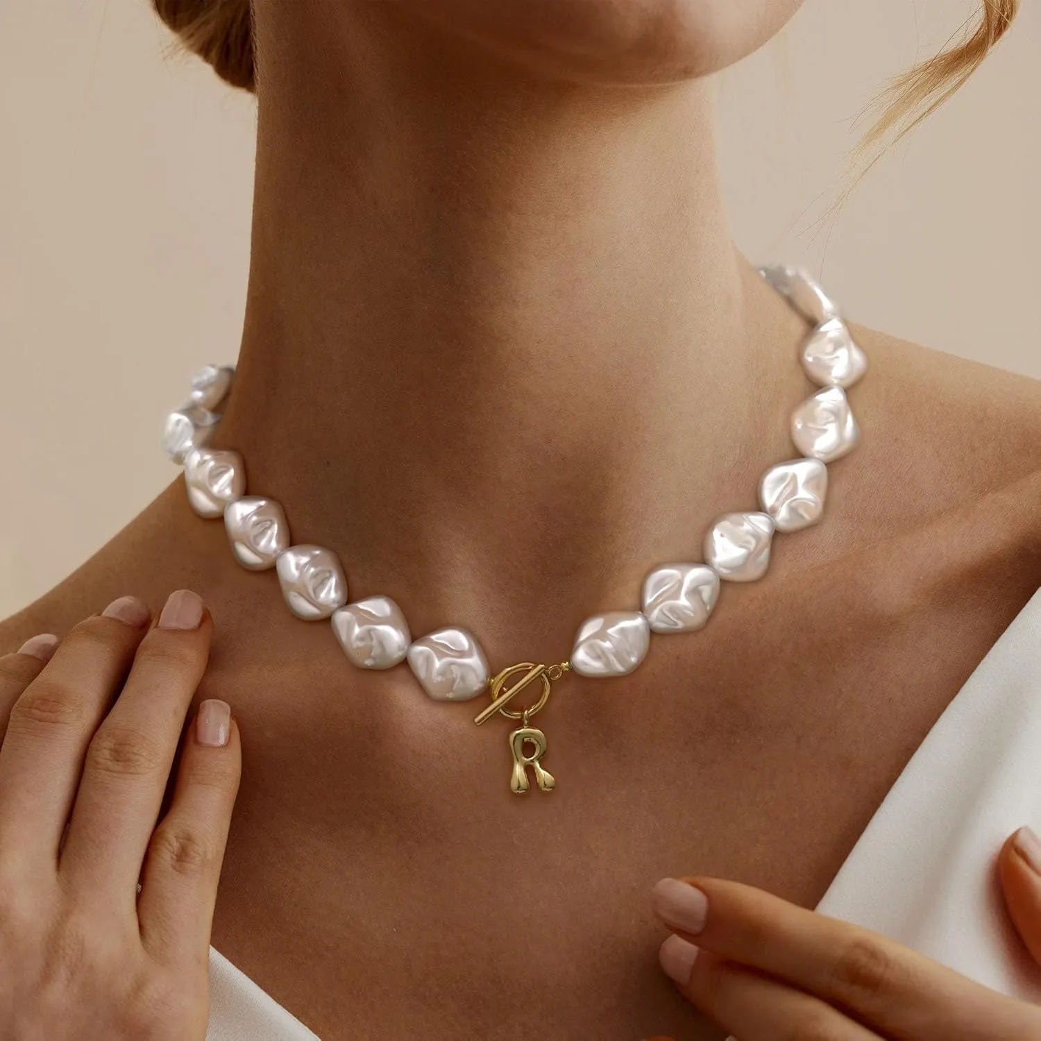 JSJOY Bubble Letter Necklace Baroque Pearl Necklace Birthday Gifts for Women Dainty Initial A-Z Necklace Christmas Stocking Suffers Jewelry
