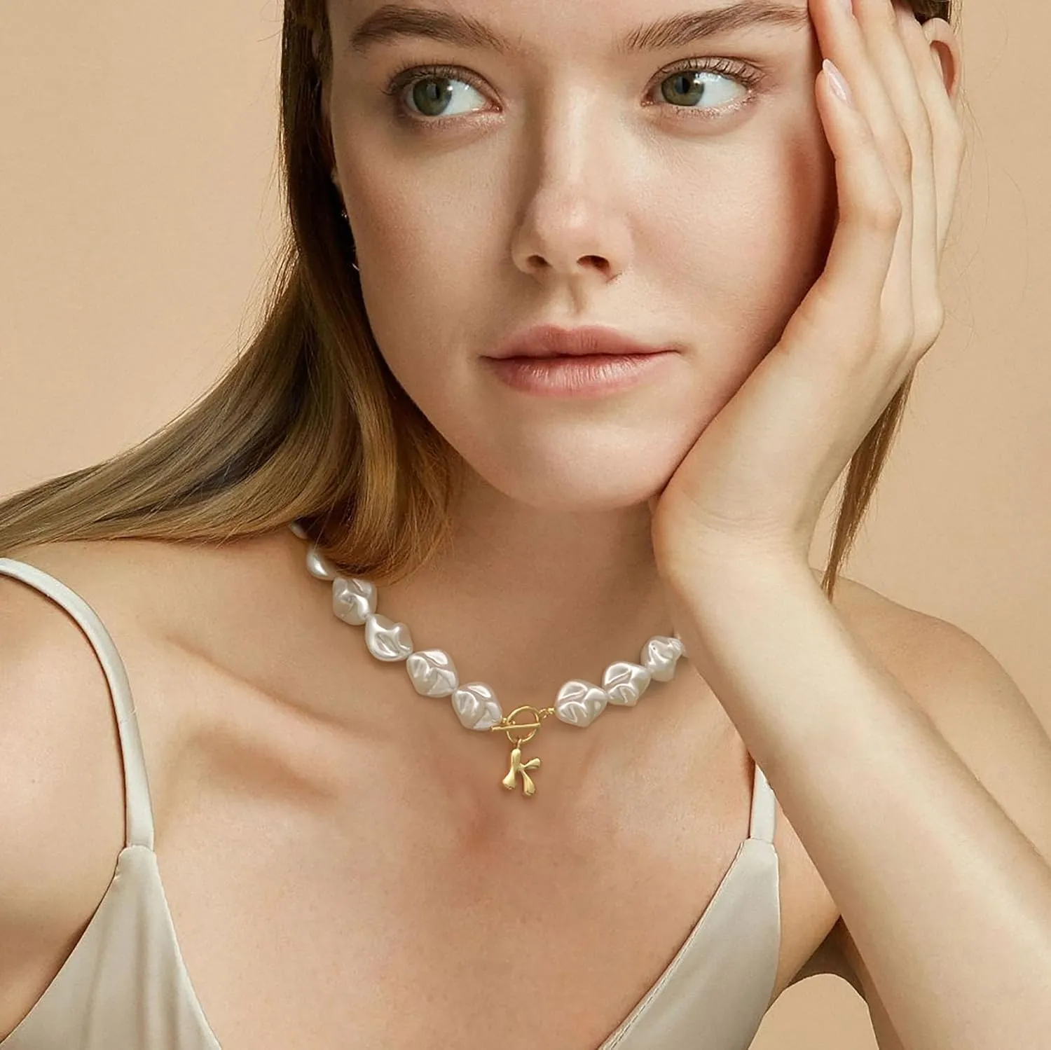 JSJOY Bubble Letter Necklace Baroque Pearl Necklace Birthday Gifts for Women Dainty Initial A-Z Necklace Christmas Stocking Suffers Jewelry