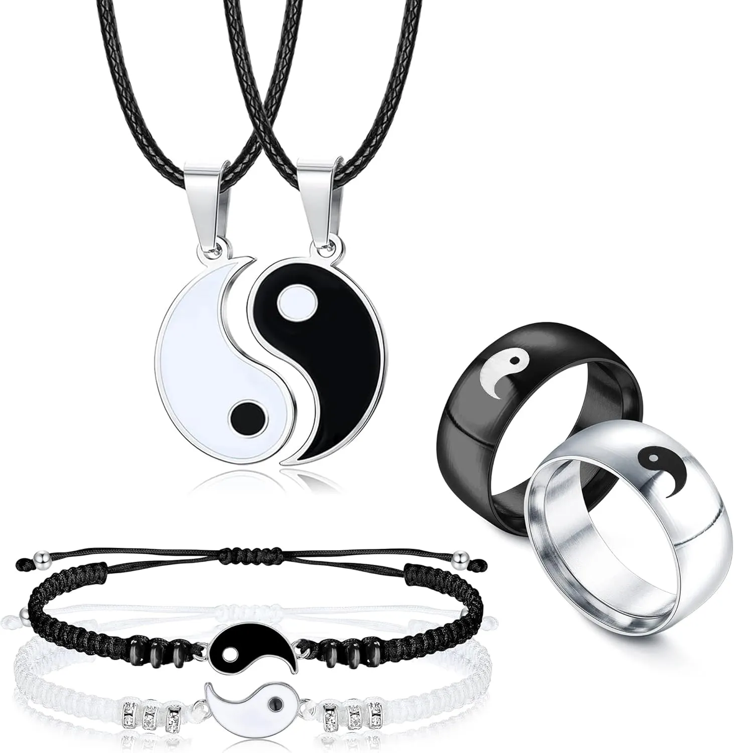 Kakonia 6 Pieces Matching Yin Yang Necklace Bracelets Rings Set Couple Necklace Bracelet Rings for Him and Her Matching Yin Yang Necklace Boyfriend Girlfriend Friendship Valentine's Day Jewelry Gift