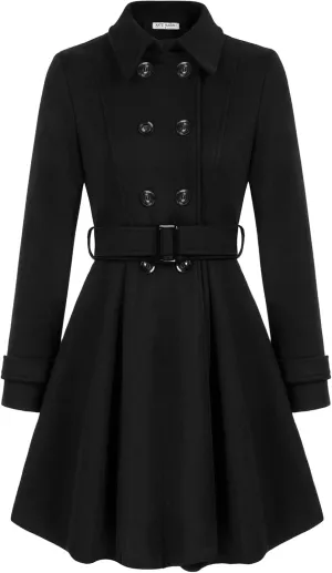 Kate Kasin Trench Coats for Women 2023 Classic Double Breasted Peacoat Button Closures Belted Winter Coat with Slit Pockets