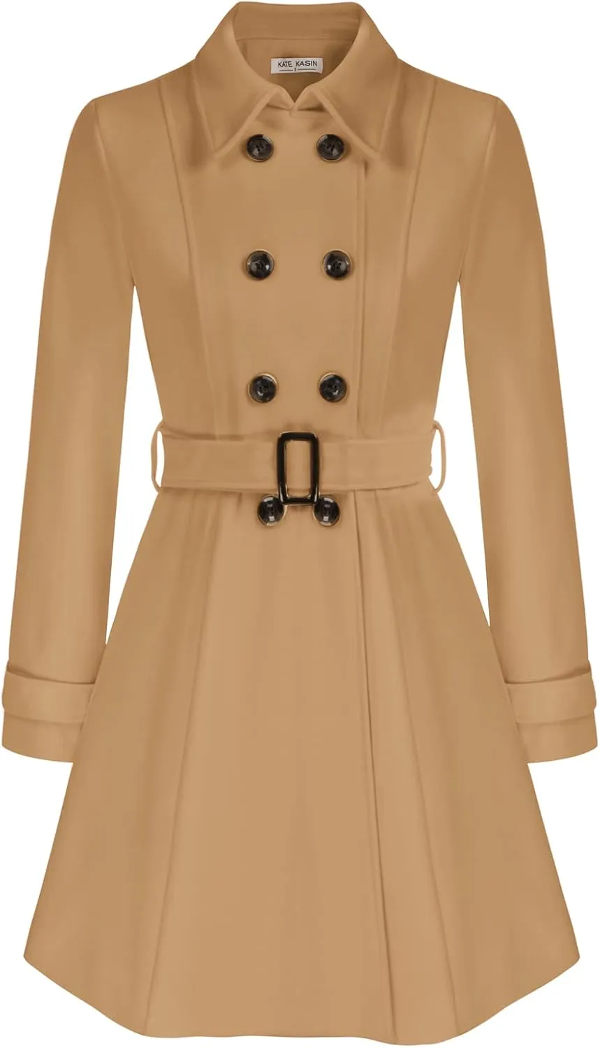 Kate Kasin Trench Coats for Women 2023 Classic Double Breasted Peacoat Button Closures Belted Winter Coat with Slit Pockets