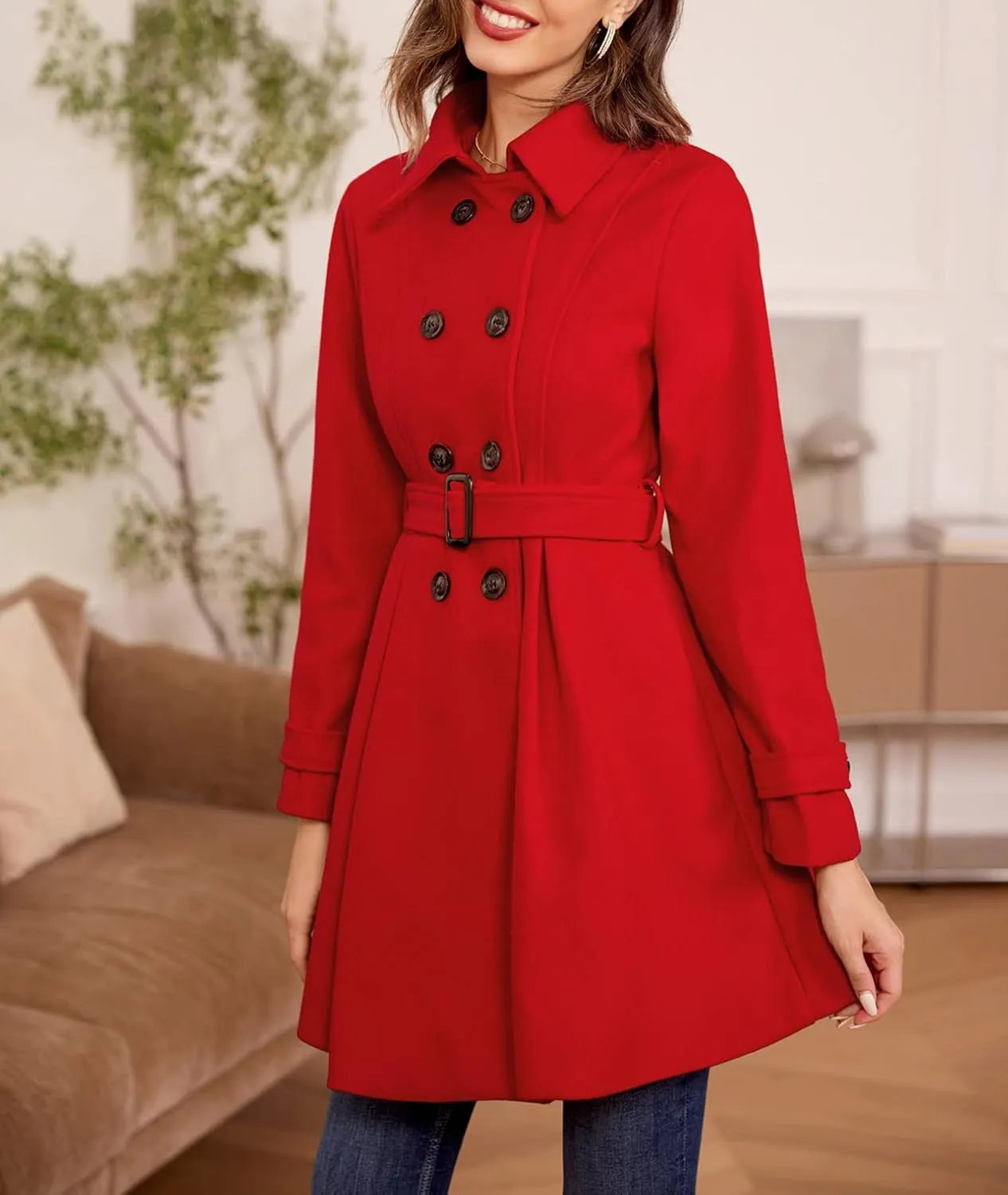 Kate Kasin Trench Coats for Women 2023 Classic Double Breasted Peacoat Button Closures Belted Winter Coat with Slit Pockets