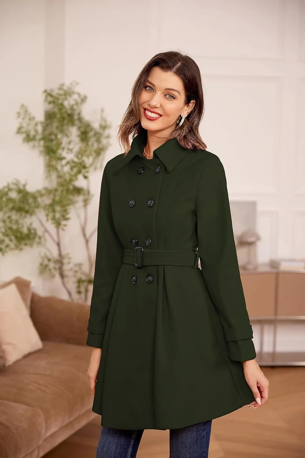 Kate Kasin Trench Coats for Women 2023 Classic Double Breasted Peacoat Button Closures Belted Winter Coat with Slit Pockets