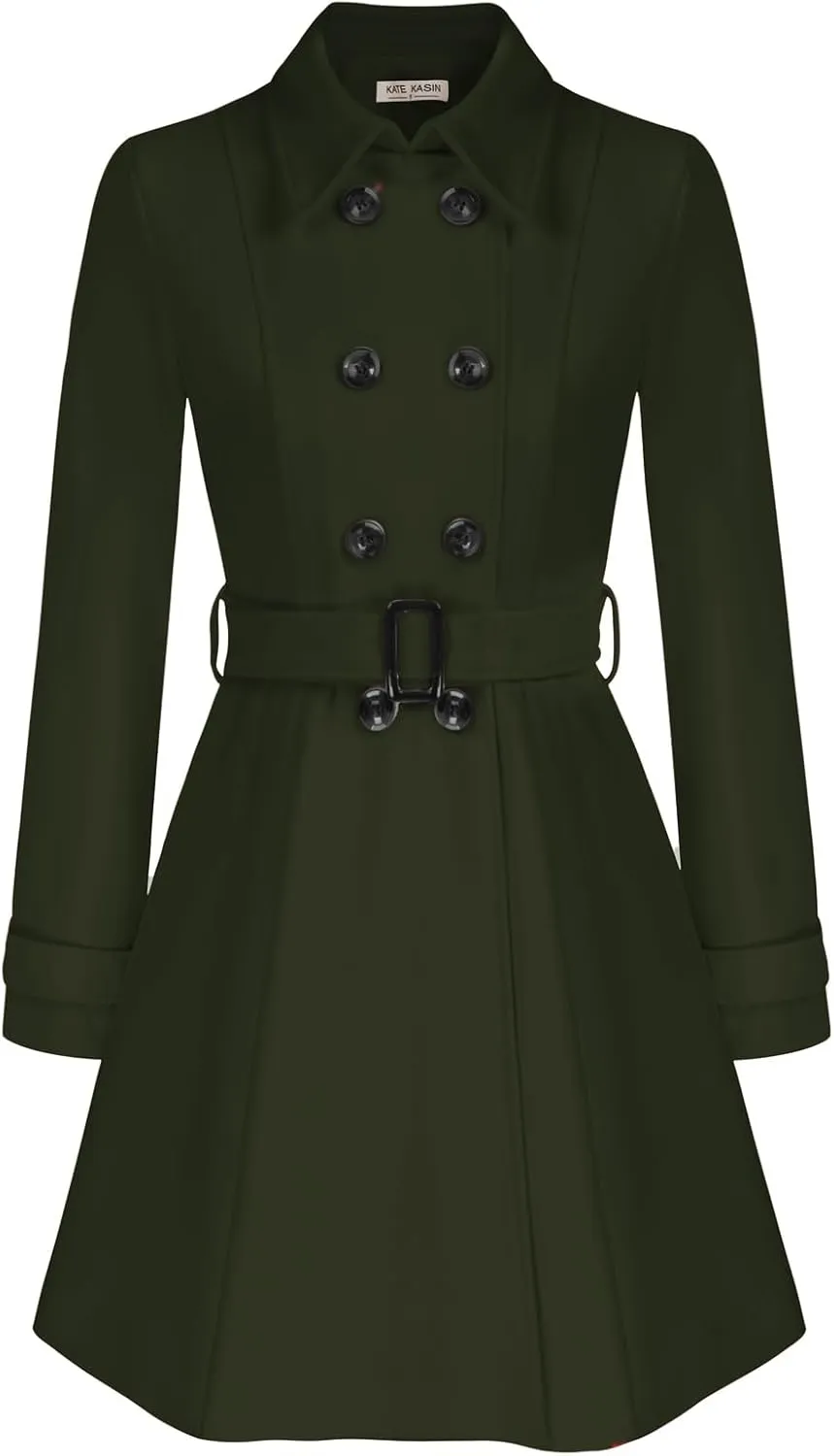 Kate Kasin Trench Coats for Women 2023 Classic Double Breasted Peacoat Button Closures Belted Winter Coat with Slit Pockets