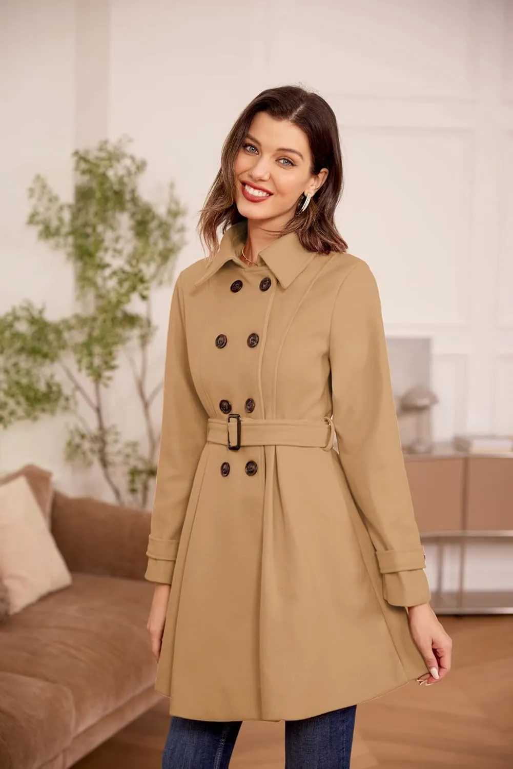 Kate Kasin Trench Coats for Women 2023 Classic Double Breasted Peacoat Button Closures Belted Winter Coat with Slit Pockets