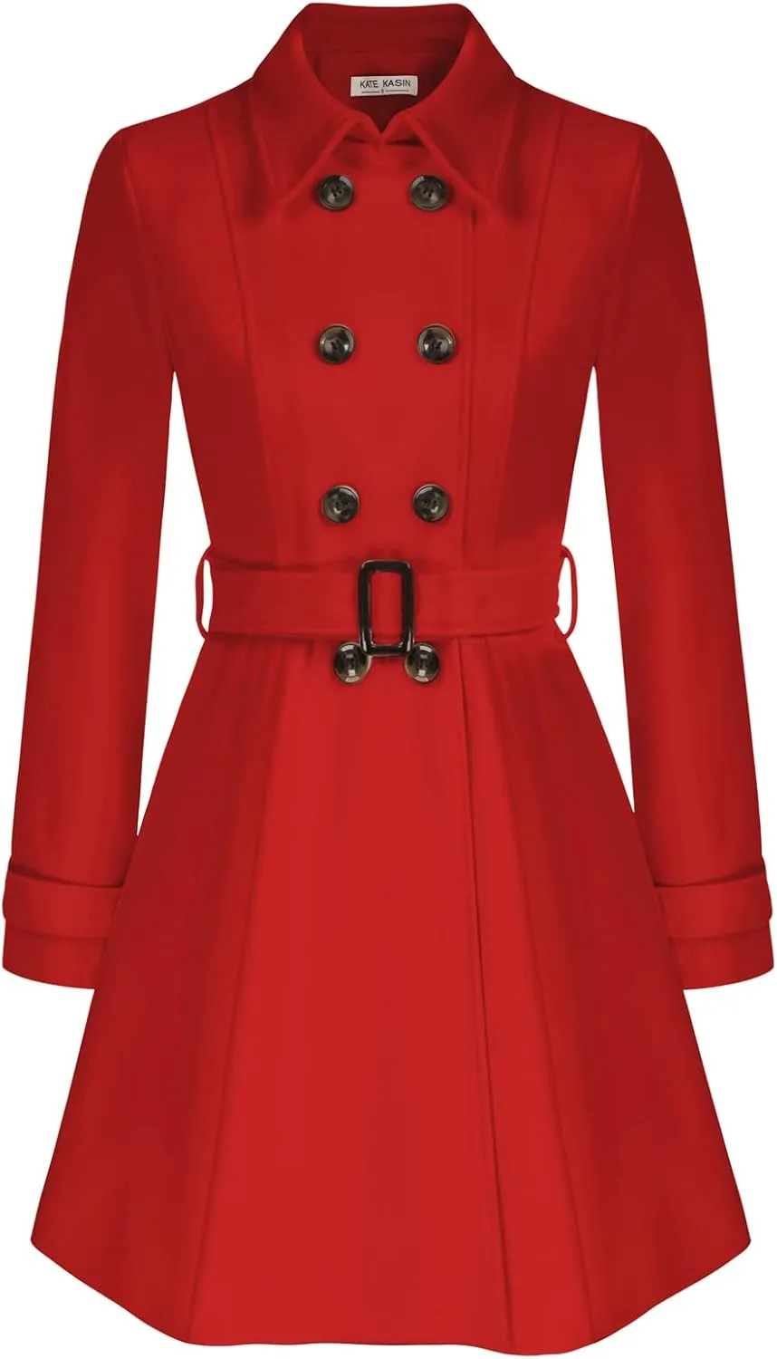 Kate Kasin Trench Coats for Women 2023 Classic Double Breasted Peacoat Button Closures Belted Winter Coat with Slit Pockets