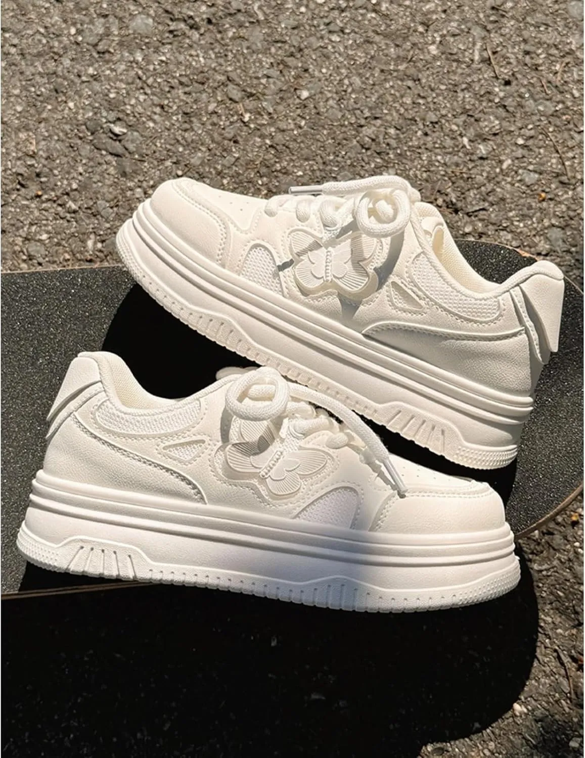 Kawaii Chic Butterfly White Breathable Mesh Chunky Sneakers for Women | Summer Beach Hiking Casual Sports Platform Shoes