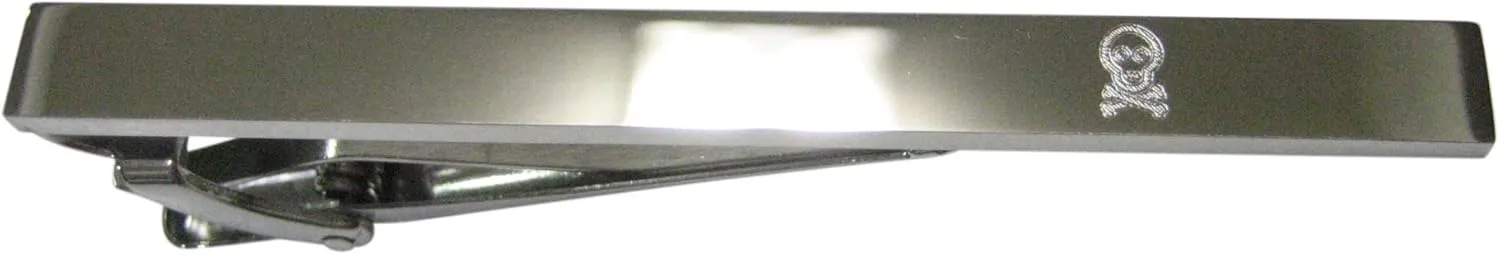 Kiola Designs Silver Toned Etched Sleek Shy Skull with Crossbones Tie Clip