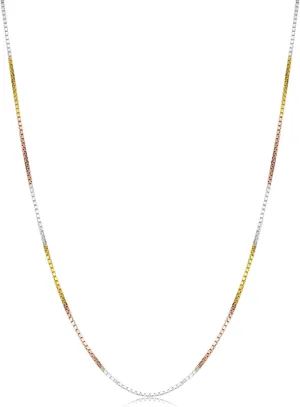 Kooljewelry Sterling Silver and Tricolor Gold Solid Box Chain Necklace For Women (0.8 mm, 1.0 mm, 1.3 mm or 1.4 mm - Sizes from 14 to 30 inches long)