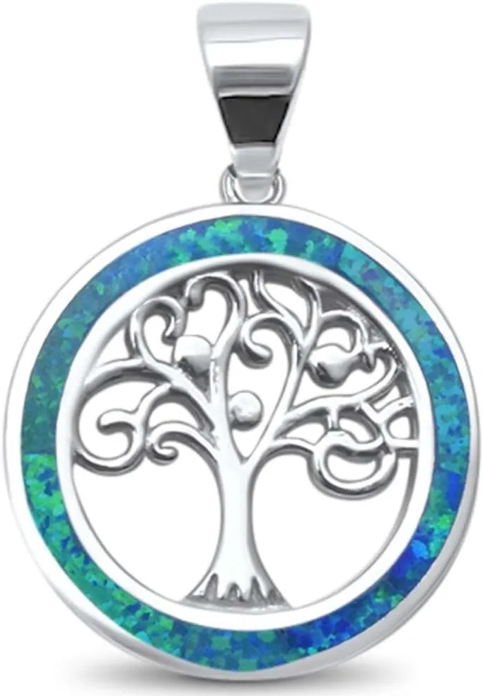 Lab Created Opal Family Tree of Life Whimsical .925 Sterling Silver Charm Pendant Colors Available