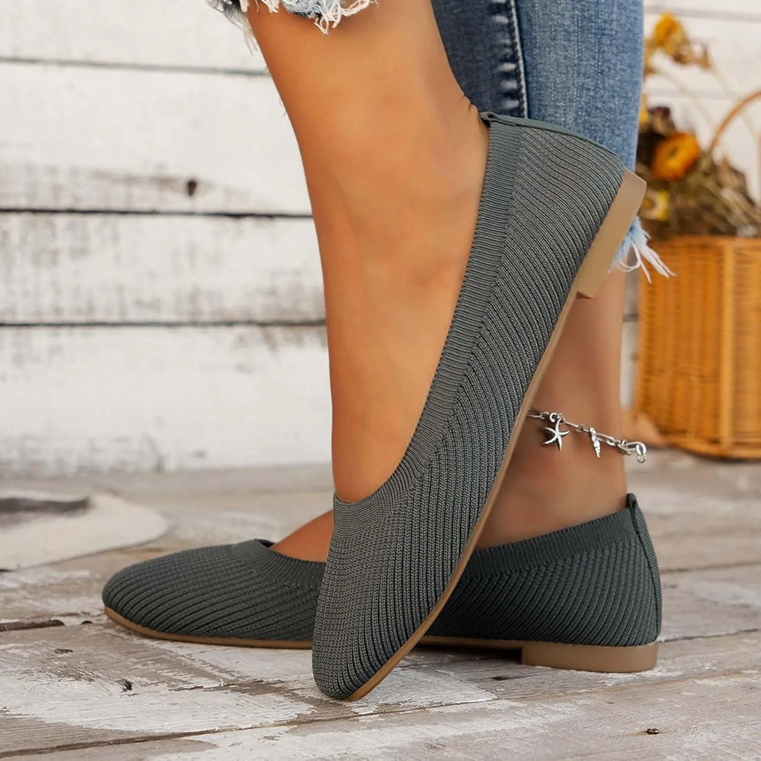 Ladies Fashion Solid Color Breathable Mesh Knitted Square Head Flat Bottom Casual Comfortable Dress Shoes for Women