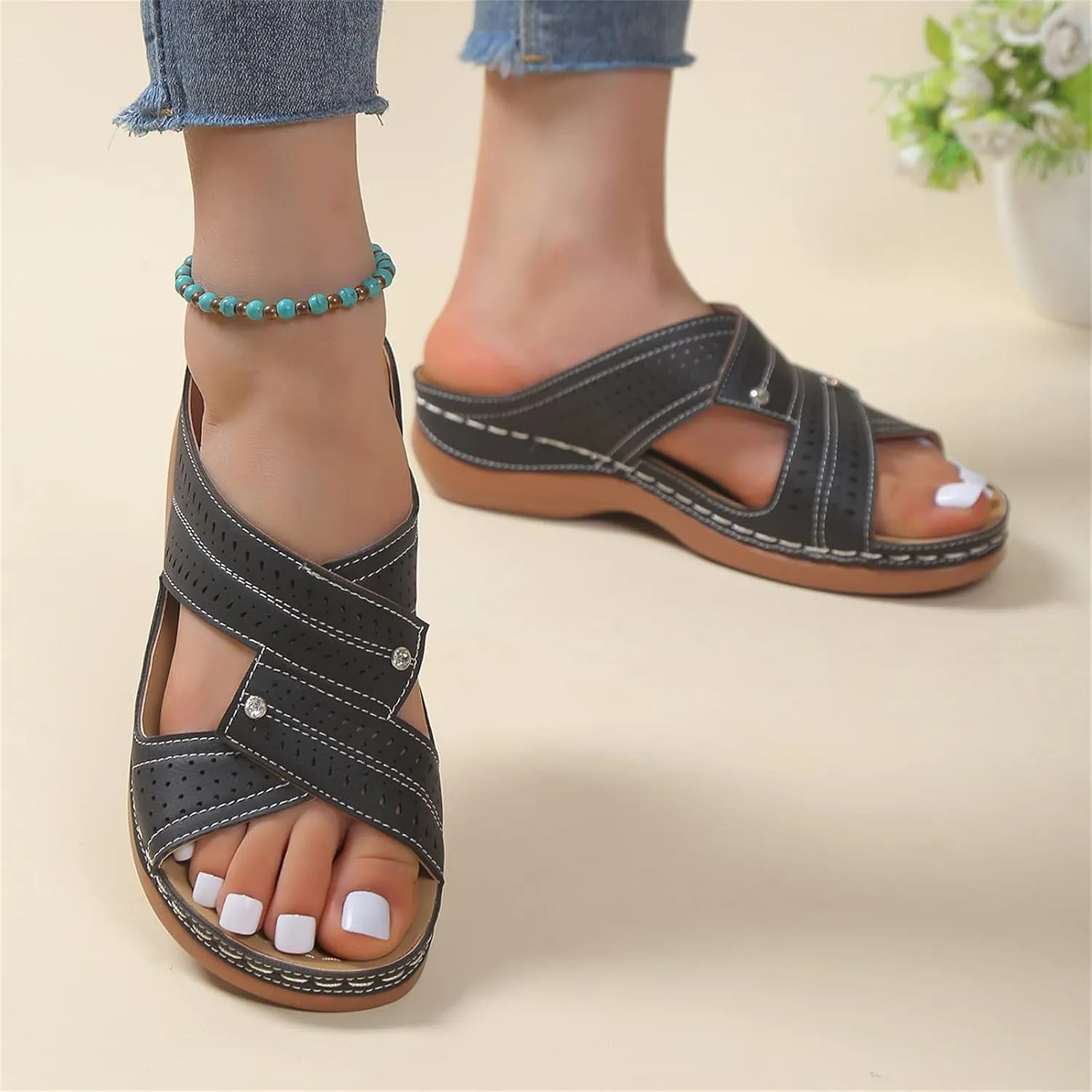 Ladmiple Womens Sandals Comfortable Arch Support Orthopedic Slides Slippers Plantar Fasciitis Summer Orthotic Flip Flops