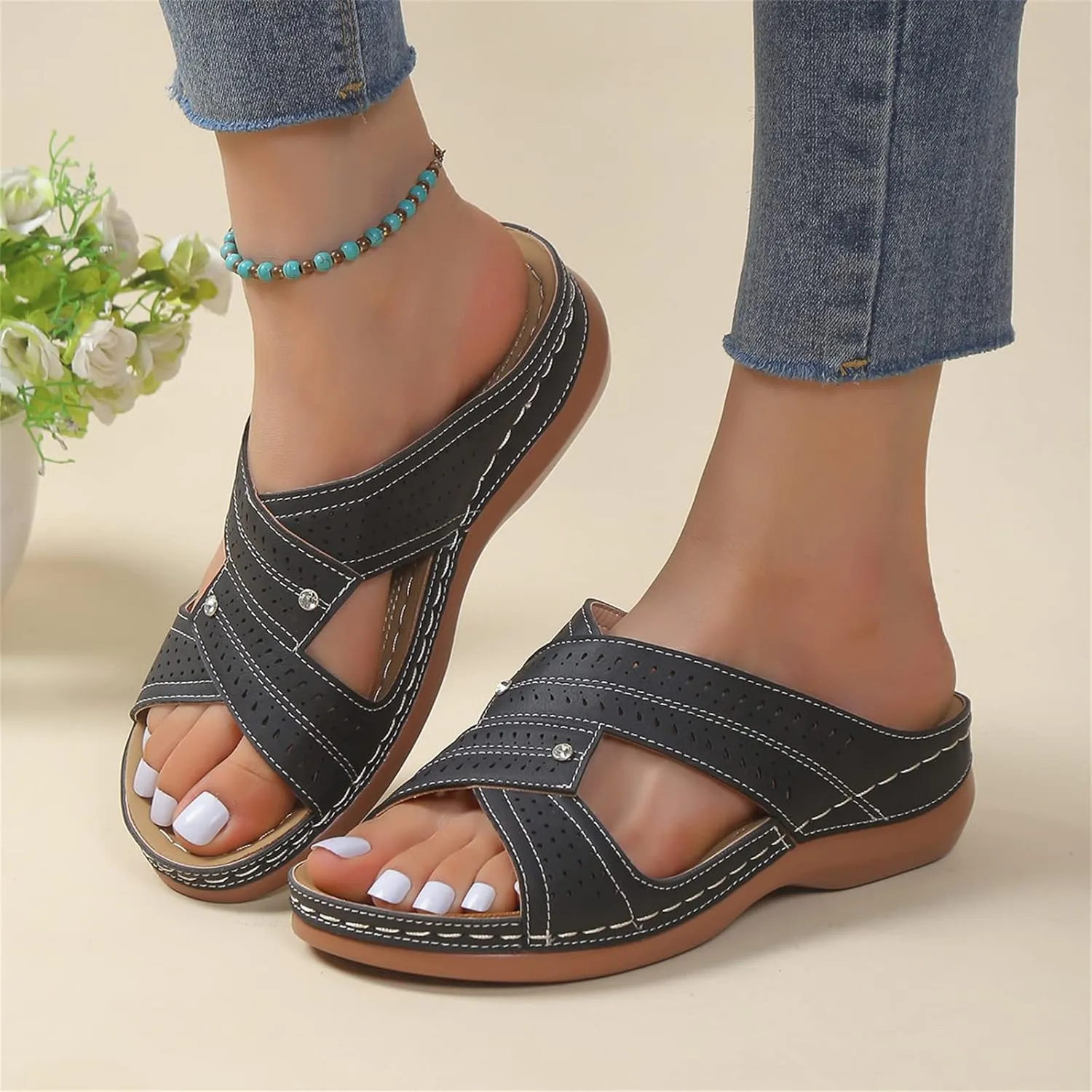 Ladmiple Womens Sandals Comfortable Arch Support Orthopedic Slides Slippers Plantar Fasciitis Summer Orthotic Flip Flops