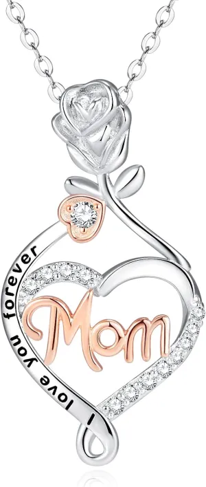LANE WOODS Mom Necklace Mother Gifts from Daughter Son - 18K White Gold Plated 925 Sterling Silver Heart Engraved Pendant Necklaces Fine Jewelry