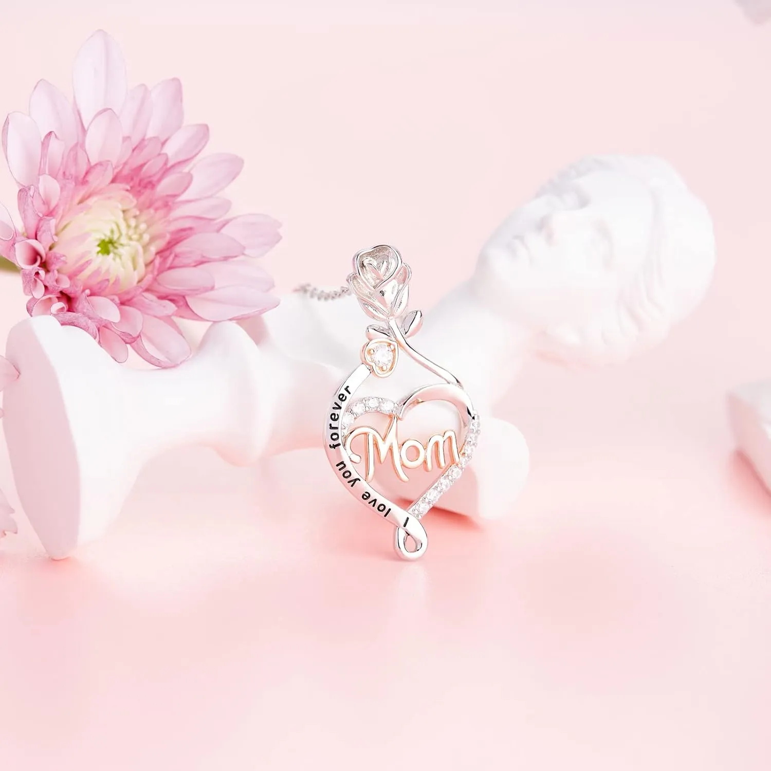 LANE WOODS Mom Necklace Mother Gifts from Daughter Son - 18K White Gold Plated 925 Sterling Silver Heart Engraved Pendant Necklaces Fine Jewelry