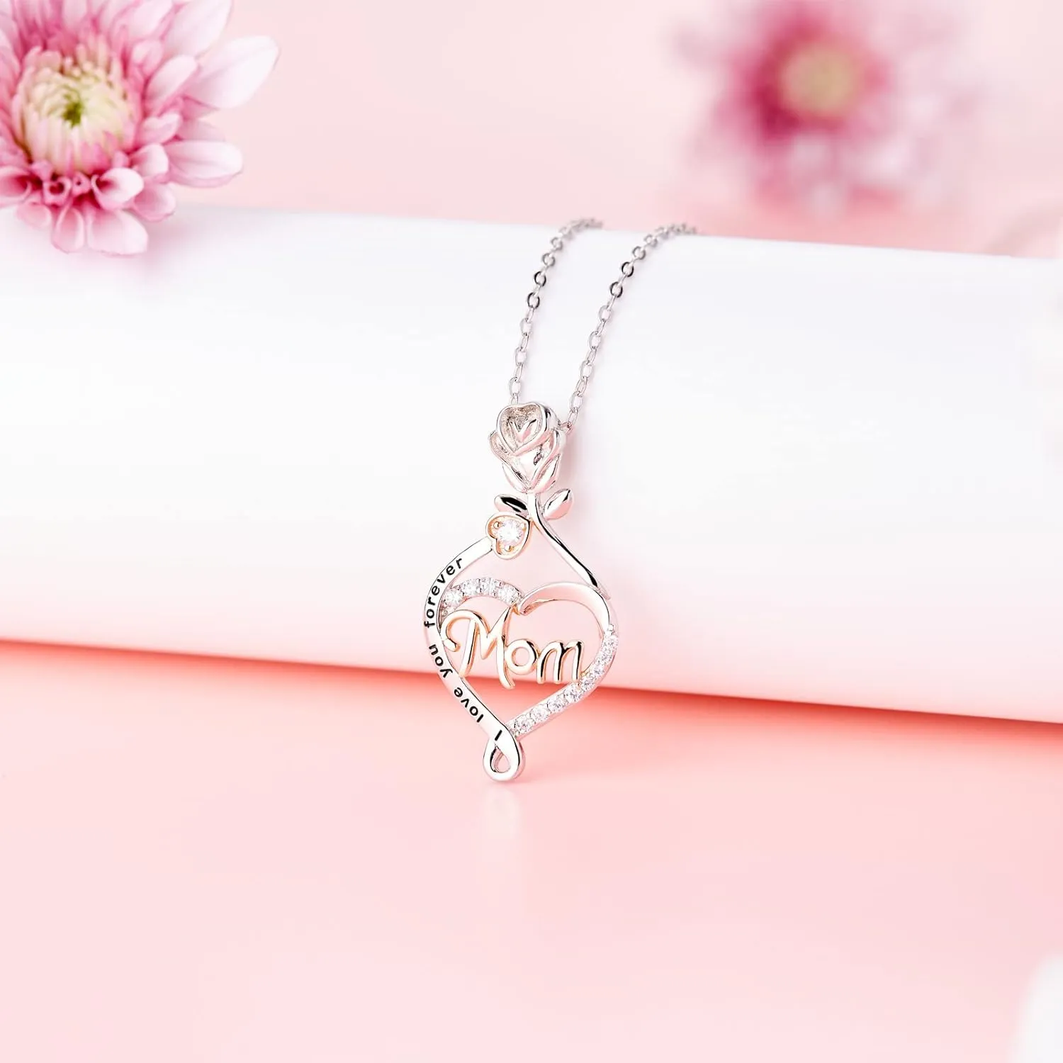 LANE WOODS Mom Necklace Mother Gifts from Daughter Son - 18K White Gold Plated 925 Sterling Silver Heart Engraved Pendant Necklaces Fine Jewelry