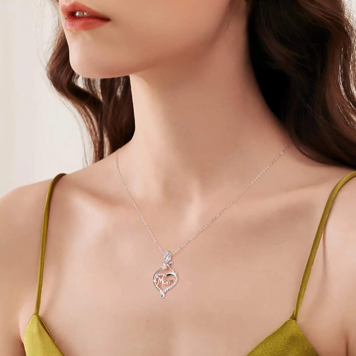 LANE WOODS Mom Necklace Mother Gifts from Daughter Son - 18K White Gold Plated 925 Sterling Silver Heart Engraved Pendant Necklaces Fine Jewelry