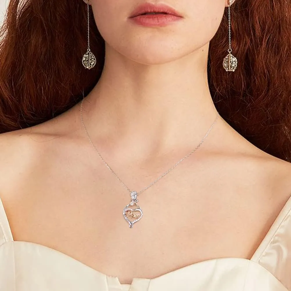 LANE WOODS Mom Necklace Mother Gifts from Daughter Son - 18K White Gold Plated 925 Sterling Silver Heart Engraved Pendant Necklaces Fine Jewelry