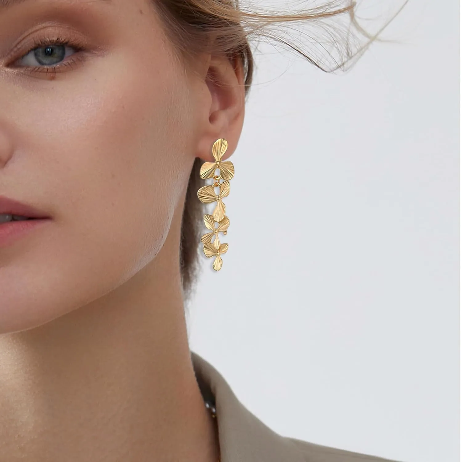LAXPICOL Gold Clip On Earrings Flower Dangle Drop Earrings For Women No Piercing Flower Earrings