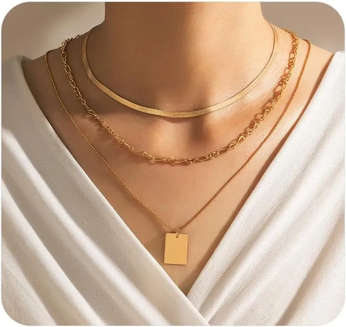 Layered Gold Geometric Pendant Necklaces for Women,Trendy Punk Statement Necklaces Chunky Chain Stackable Necklace,Charm Birthday Party Jewelry Gifts