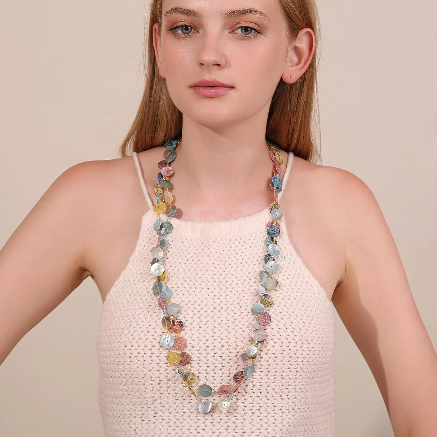 Layered Necklaces for Women, Multi Strand Boho Long Beaded Statement Piece with Shell & Coin Chunky Details