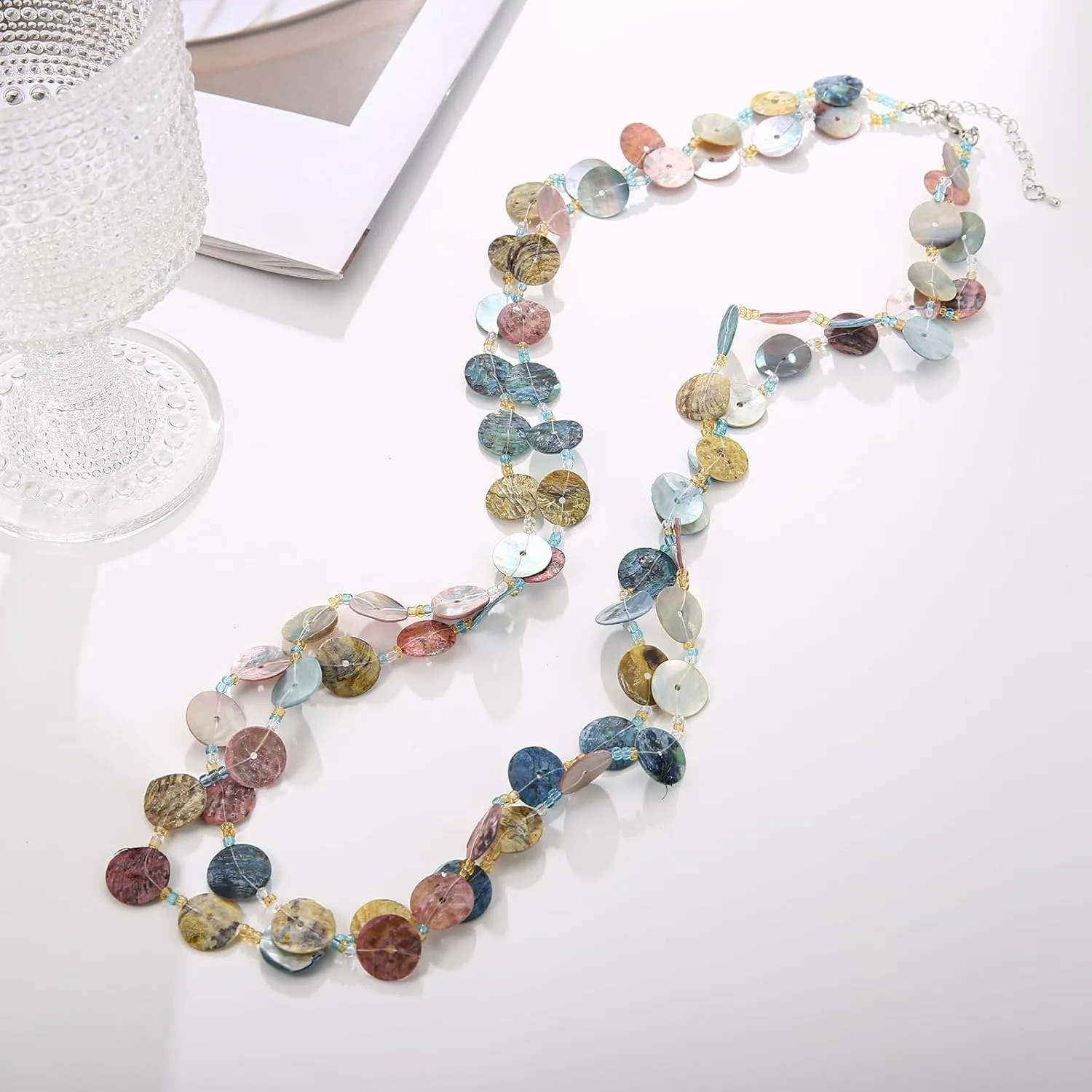 Layered Necklaces for Women, Multi Strand Boho Long Beaded Statement Piece with Shell & Coin Chunky Details