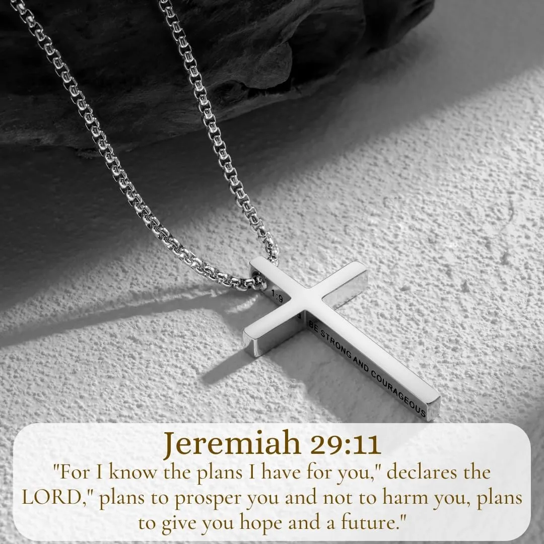 Ldurian Cross Chain for Men, Mens Cross Necklaces Inspirational Bible Verse Pendant Guys Necklaces, Stainless Steel Religious Christian Religious Gifts
