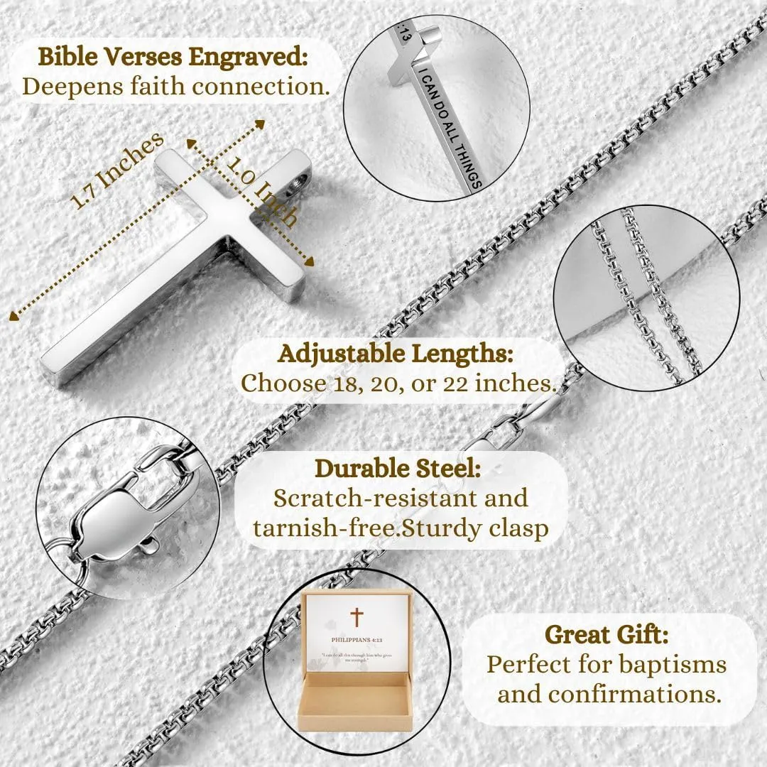 Ldurian Cross Chain for Men, Mens Cross Necklaces Inspirational Bible Verse Pendant Guys Necklaces, Stainless Steel Religious Christian Religious Gifts