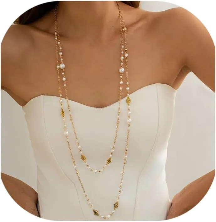 Long Pearl Necklaces for Women Faux White Pearl Layered Necklace Multi Sized Long Pearls Stacked Tassel Necklace