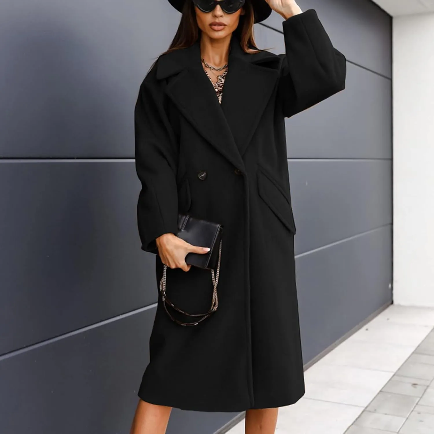 Long Trench Coat for Women Elegant Single Breasted Pea Coat Winter Warm Wool Blend Oversized Pea Coat with Pockets