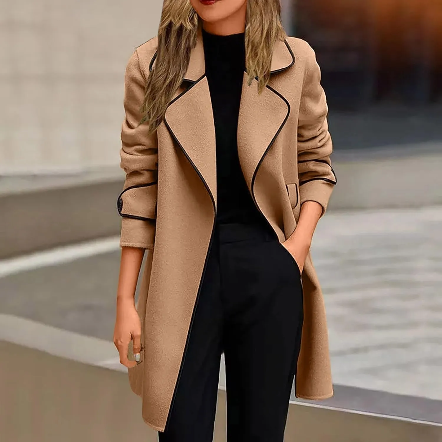Long Trench Coat for Women Elegant Single Breasted Pea Coat Winter Warm Wool Blend Oversized Pea Coat with Pockets
