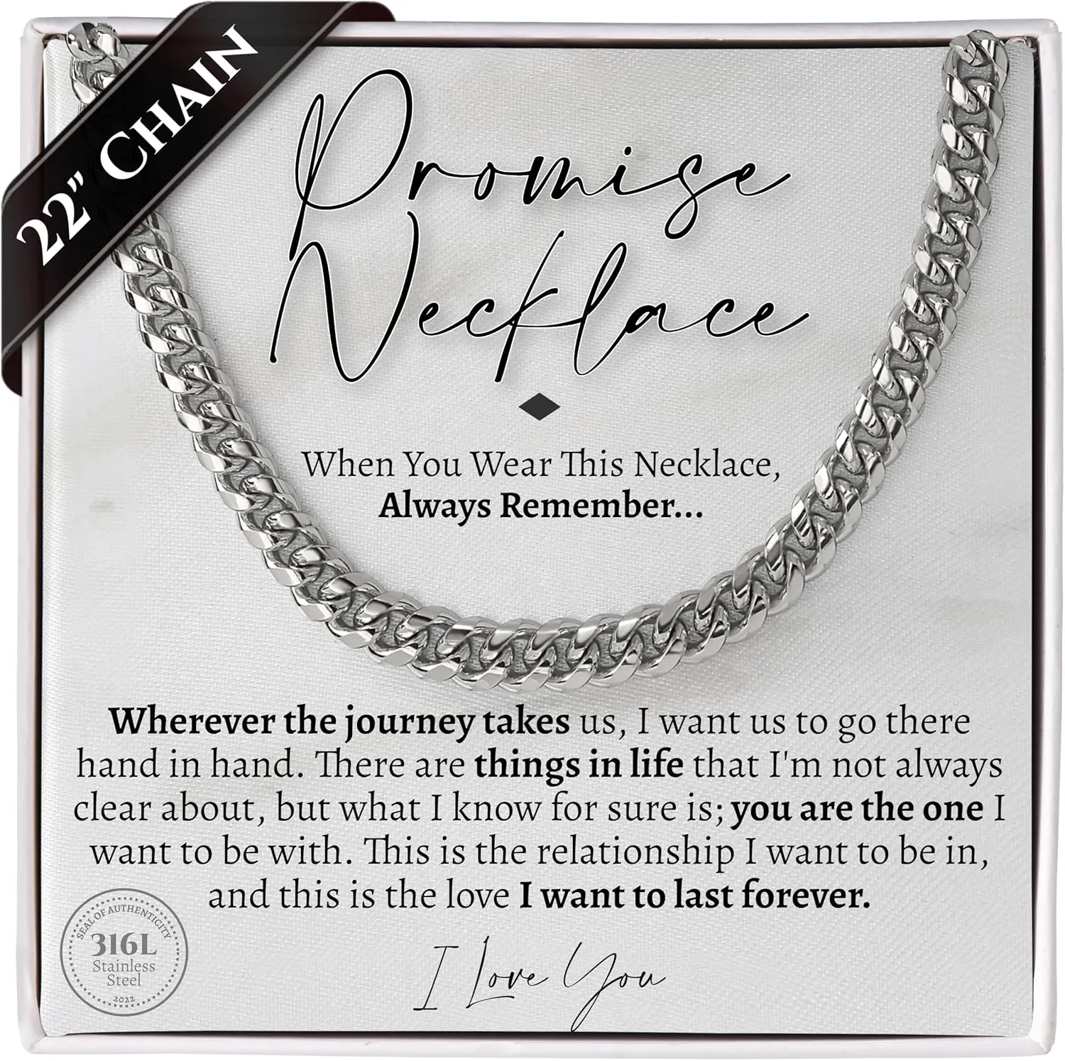 Love You This Much Promise Cuban Chain Necklace for Him, 7mm Thick, Sentimental Gift for Him, BF Gift for Birthday, Gift Ideas for Boyfriend