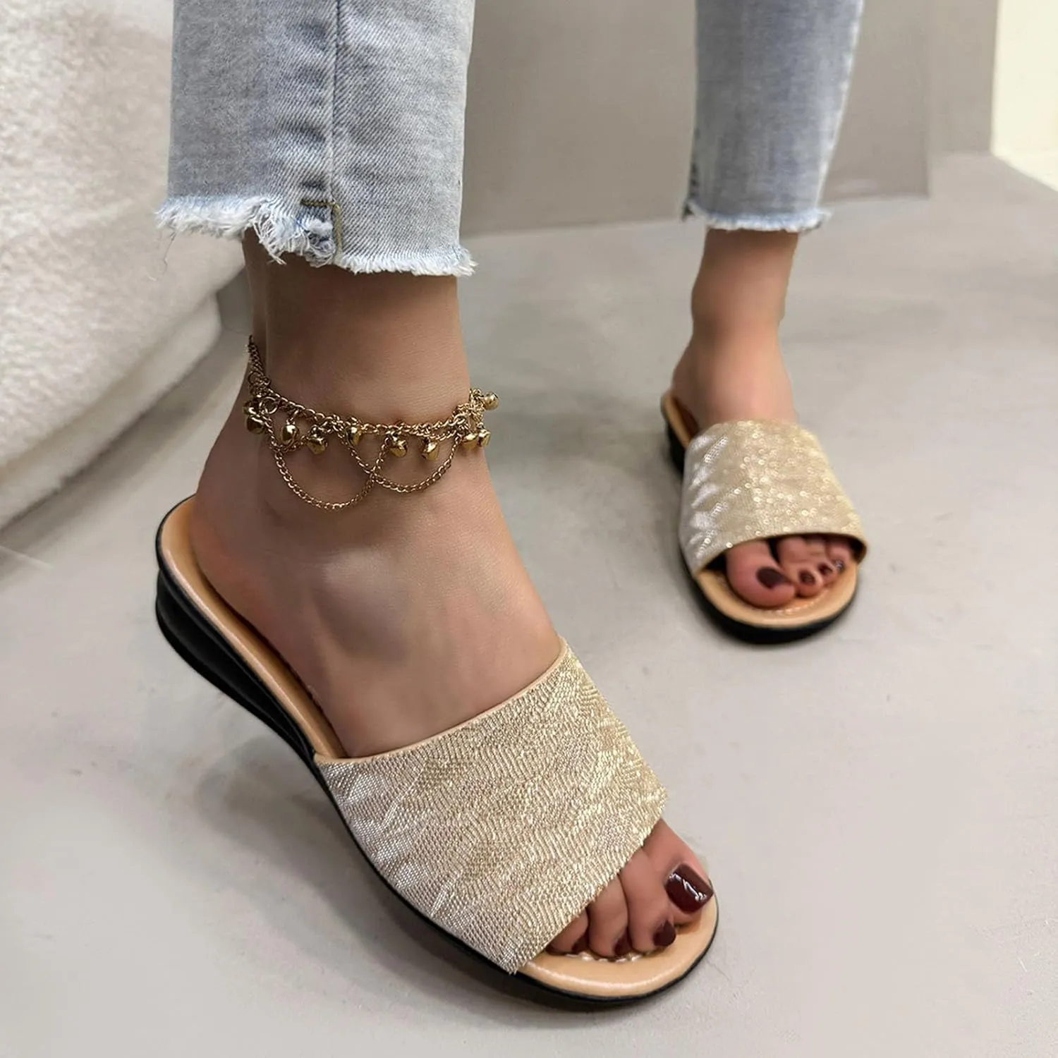 Low Wedge Slide Sandals for Women Dressy Glitter Slip on Orthopedic Sandals 2025 Summer Casual Fancy Open Toe Shoes