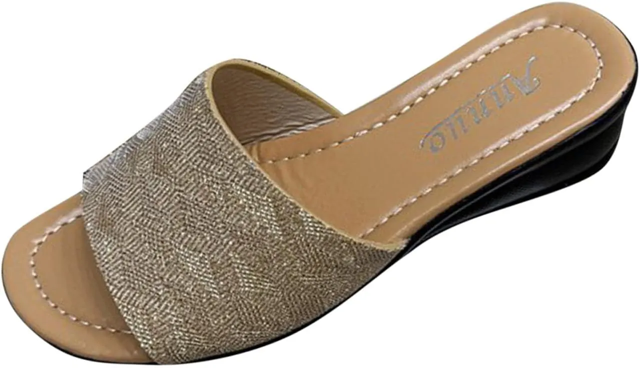 Low Wedge Slide Sandals for Women Dressy Glitter Slip on Orthopedic Sandals 2025 Summer Casual Fancy Open Toe Shoes