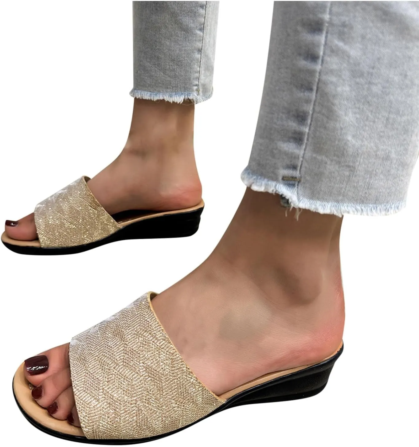 Low Wedge Slide Sandals for Women Dressy Glitter Slip on Orthopedic Sandals 2025 Summer Casual Fancy Open Toe Shoes