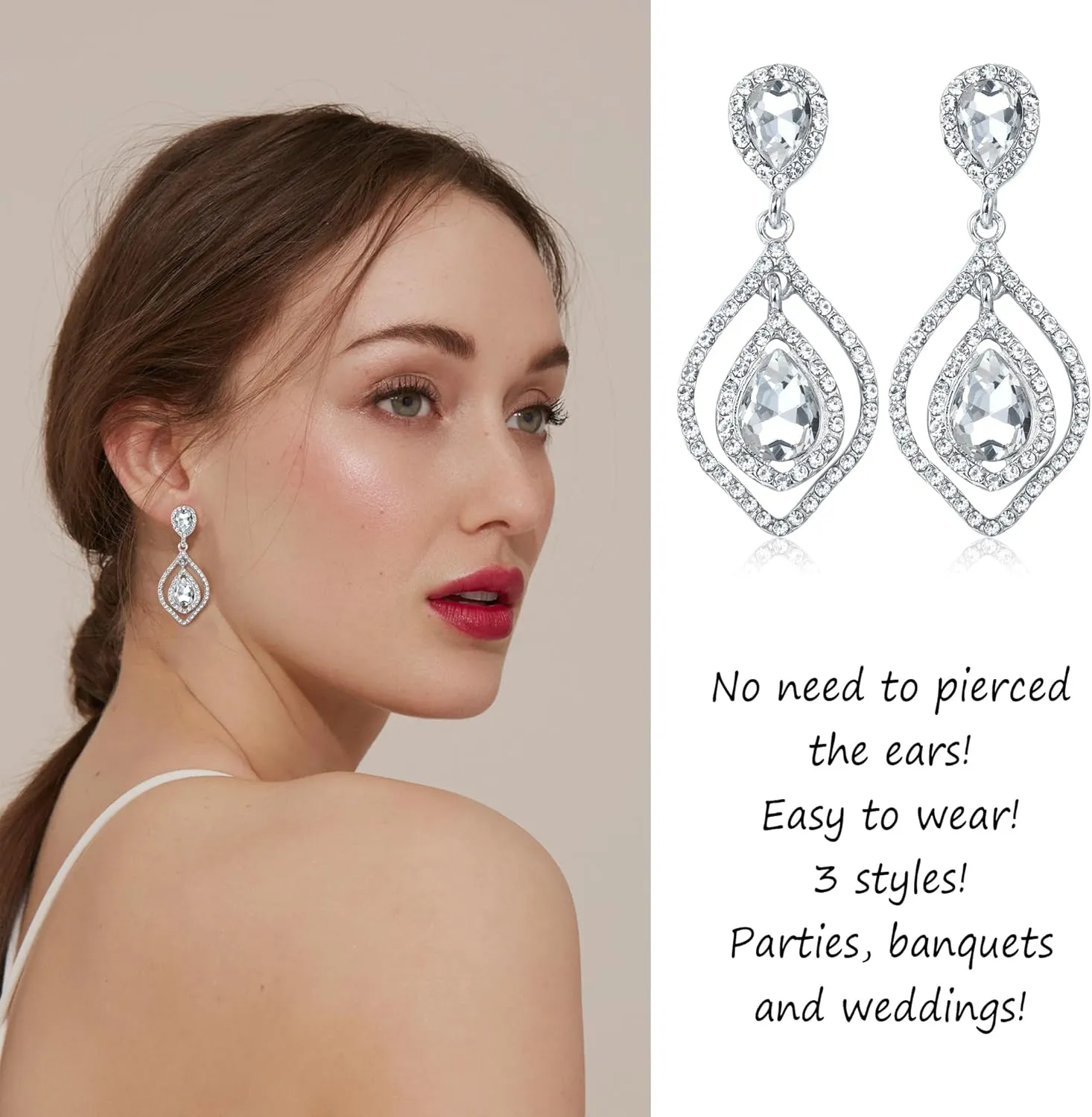 LOYALLOOK 4Pairs Crystal Clip on Earrings for Women Crystal Teardrop Wedding Earrings for Brides Bridesmaids Long Drop Dangle Clip Earrings Set for Prom Party Non Pierced Jewelry